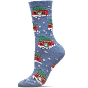 Memoi Women's Festive Campers Holiday Crew Socks Denim Heather 9-11 - 1 of 4