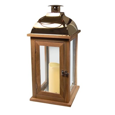 Wooden LED Lantern with Copper Roof and Battery Operated Candle Brown - LumaBase