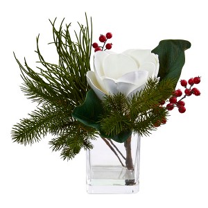Nearly Natural Magnolia & Berries Artificial Arrangement in Vase - 1 of 2