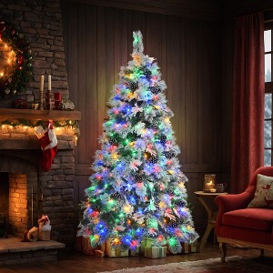 4FT/6FT/7.5FT Pre-Lit Snow Flocked Christmas Tree with Pine Cones, Artificial Tree with Branch Tips and Multi-Color LED Lights, White+Green-ModernLuxe - 1 of 4