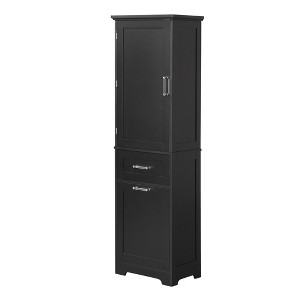 Vynxaria Black Freestanding Bathroom Storage Cabinet with Drawers and Adjustable Shelf - 1 of 4