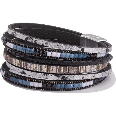 Trendy Layered Boho Leather Wrap Bracelets with Magnetic Clasp, Stackable Bohemian Jewelry Gifts for Women