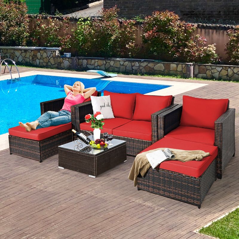 Costway 5PCS Patio Rattan Furniture Set Loveseat Sofa Ottoman Cushioned Red\White, 3 of 11