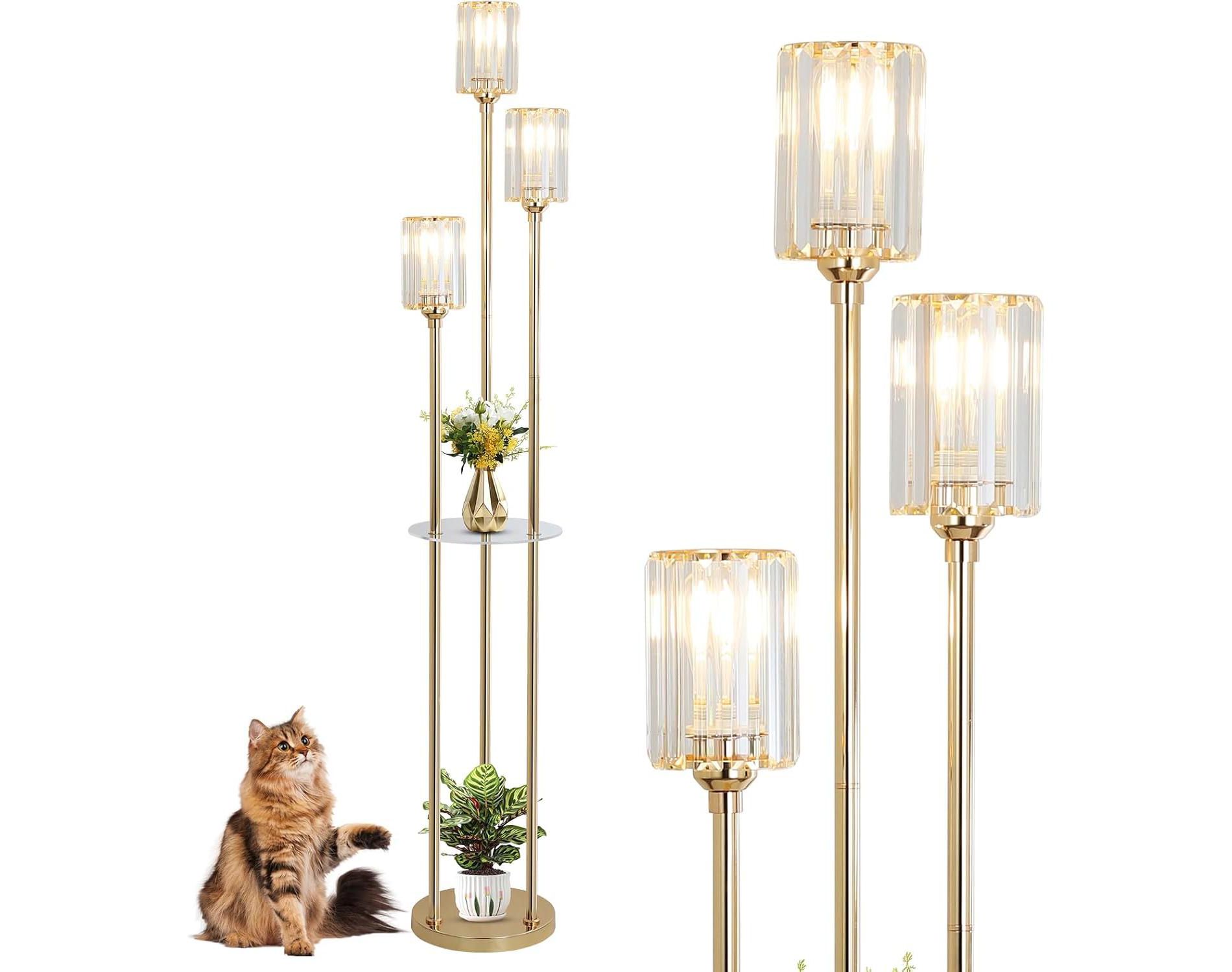 Gulches 66 in Gold Mid Century Modern 3-Light Dimmable Corner Floor Lamp for Living Room with Premium Crystal Stepped Shade