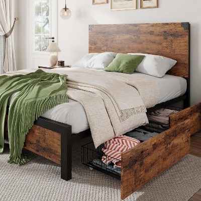 Homhougo Full Size Bed Frame with Storage, 4 Drawers and Heavy Duty Strong Metal Support Bed Frame with Wooden Headboard and Footboard, Brown
