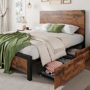Homhougo Full Size Bed Frame with Storage, 4 Drawers and Heavy Duty Strong Metal Support Bed Frame with Wooden Headboard and Footboard, Brown - 1 of 4