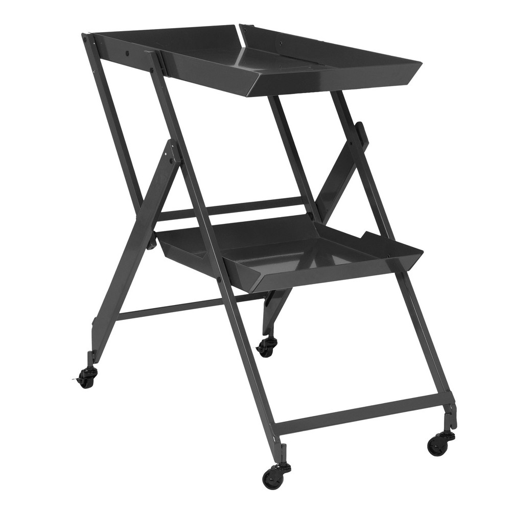 24/7 Shop At Home Melgore Folding Server Cart Black: Modern Industrial Style, 2-Tier Metal, Rivet Accents, Caster Wheels