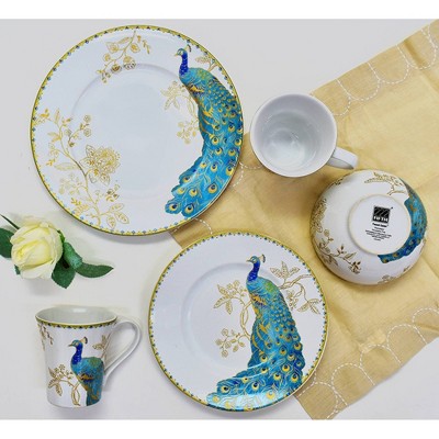 Peacock Garden White Porcelain 16-Piece Dinnerware Set with Gold Accents