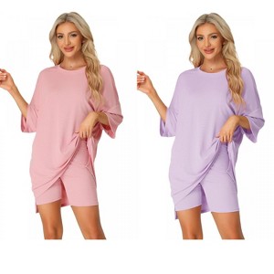 INSPIRE CHIC Women's 2 Pcs Knit Loungewear 3/4 Sleeve T-Shirt with Bike Shorts Pajama Set - 1 of 4