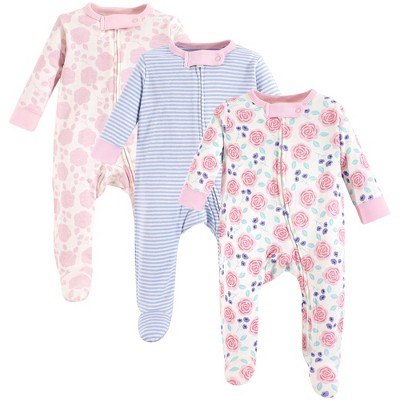 Image of Touched by Nature Baby Girl Organic Cotton Zipper Sleep and Play 3pk, Pink Rose, 3-6 Months