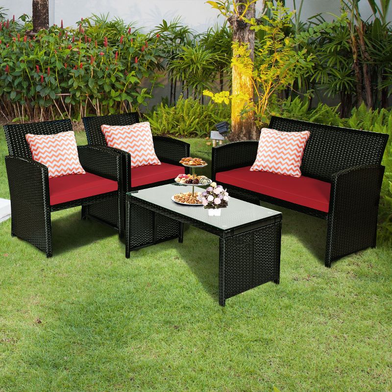 Tangkula 4 Piece Outdoor Patio Rattan Furniture Set Red Cushioned Seat For Garden, porch, Lawn, 2 of 9