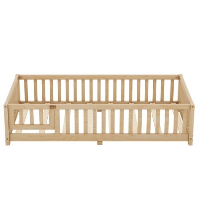 Bellemave Twin Size Floor Bed for Kids, Girls, Boys, Wood Floor Bed with slats and Door, Natural