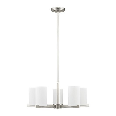 Astoria Minimalist 5-Light Chandelier in Brushed Nickel with Satin Opal Shades