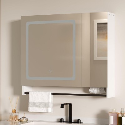 MaseiKar Lighted Bathroom Medicine Cabinet with Mirror, Wall-Mounted Bathroom Wall Cabinet with Mirror Doors, Adjustable Shelves, Towel Bar, White