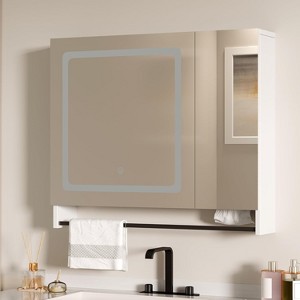 MaseiKar Lighted Bathroom Medicine Cabinet with Mirror, Wall-Mounted Bathroom Wall Cabinet with Mirror Doors, Adjustable Shelves, Towel Bar, White - 1 of 4