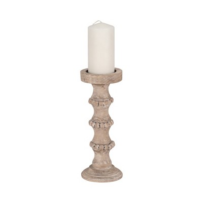 Ivory Distressed Wood Pillar Candle Holder with Beads