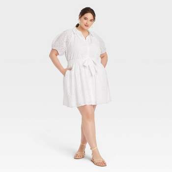 Women's Eyelet Balloon Elbow Sleeve Mini Shirtdress - A New Day™ White