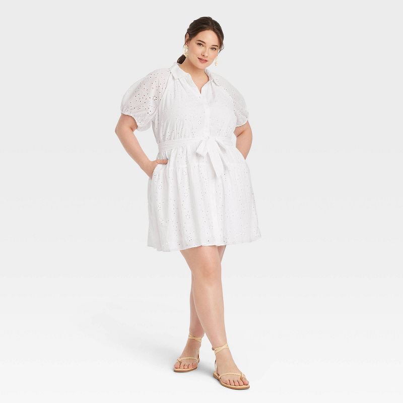 Women's Eyelet Balloon Elbow Sleeve Mini Shirtdress - A New Day™ White, 1 of 12