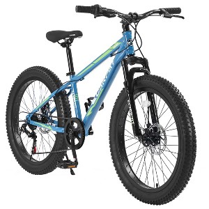 AENKYO 24-Inch Fat Tire Mountain Bike for Adults & Youth, Shimano 7-Speed, All-Terrain, Dual Disc Brakes Trail & City Ride - Blue/Green - 1 of 4