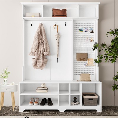 Vynxaria Hallway Tree with Shoe Bench, Coat Rack, Shoe Storage, Shelves & Pegboard for Hallways, Halls, and Bedrooms in White