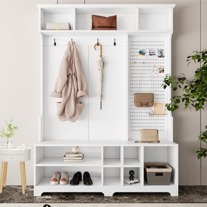 Vynxaria Hallway Tree with Shoe Bench, Coat Rack, Shoe Storage, Shelves & Pegboard for Hallways, Halls, and Bedrooms in White - 1 of 4