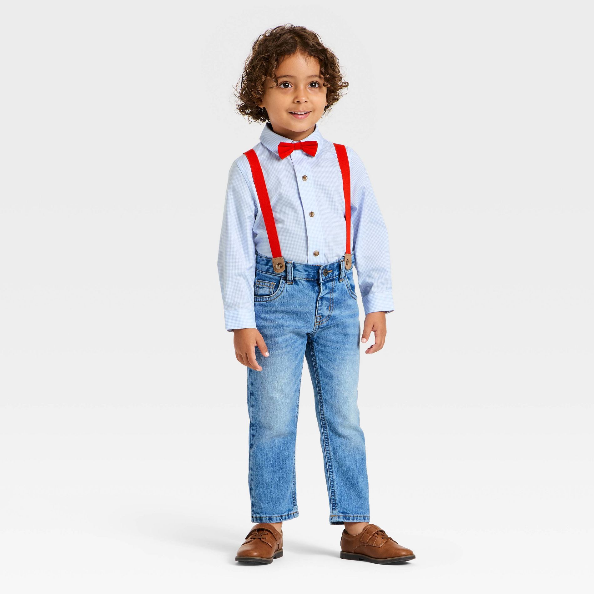 Toddler Boys' 3pc Valentine's Day Button-Down Shirt and Denim Pants Set with Bow Tie and Suspenders - Cat & Jack™ Medium Blue