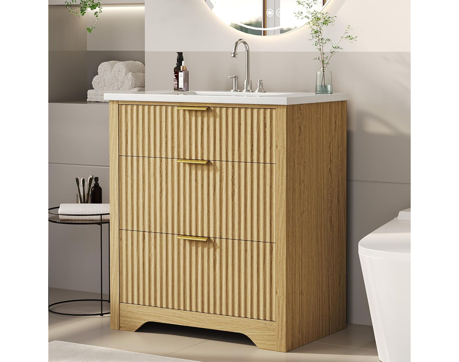 24/30" Fluted Bathroom Vanity with Sink - Farmhouse Freestanding Cabinet with 2 Drawers & Flip-Down Drawer, Easy Assembly