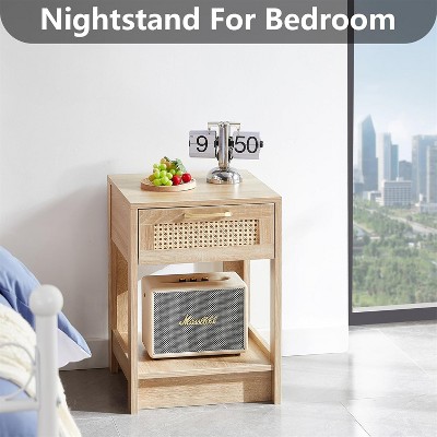 15.75" Rattan End Table with Drawer MDF Nightstand Side Table with Accessories for Living Bedroom Natural