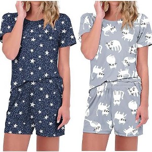 Ekouaer 2 Pack Pajamas Short Sleeve Top with Shorts Sets Comfy Pjs Lounge Sets Sleepwear for Women - 1 of 4