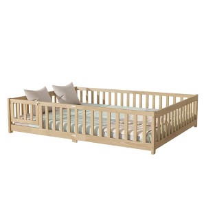 Gulches Queen Size Rubber Wood Floor Bed with Fence, Revolving Door & Safety Guardrails, Natural - 1 of 4