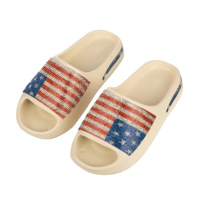 4th of July Rhinestone American Flag Women's Non-Slip White Cloud Slides