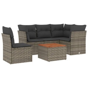 vidaXL 6 Piece Patio Sofa Set with Cushions Gray Poly Rattan - 2x middle + table + 3x corner - 1 of 4
