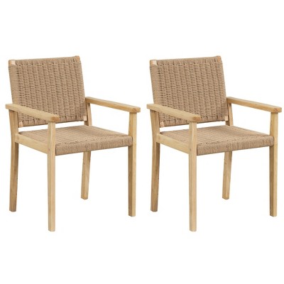 Tangkula 2PCS Chair Rubber Wood Dining Armchairs Paper Rope Woven Seat Balcony Patio