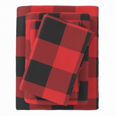 100% Cotton Printed Flannel Sheet Set - Great Bay Home (King, Buffalo Check - Red / Black)