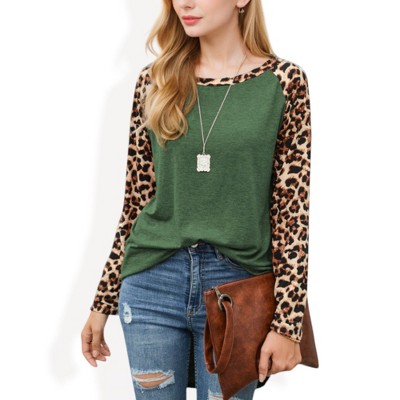 Anna-Kaci Women's Long Sleeve Pullover Shirt with Leopard Print Contrast Panels and Crew Neck