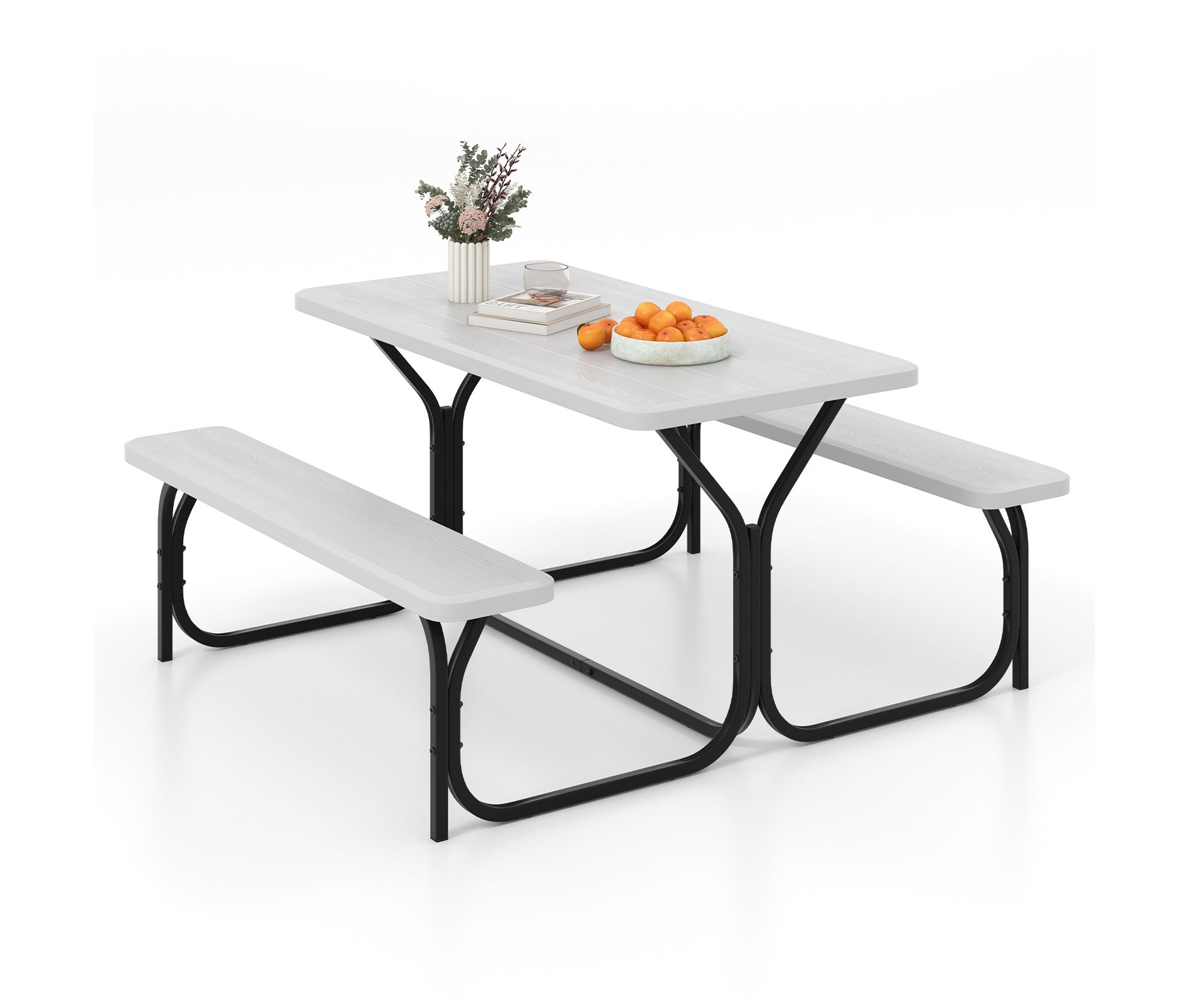 Gymax Picnic Table & Bench Set Outdoor Picnic Table Bench Set w/ Metal Frame & All Weather-resistant Surface Camping Table Set White