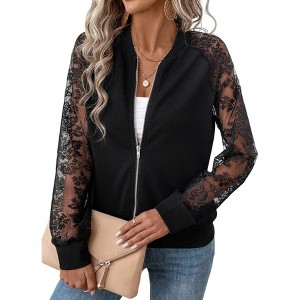 Women's Elegant Lace - Paneled Long - Sleeve Bomber Jacket, Stylish Zip - Up Outerwear for Casual and Daily Wear - 1 of 4