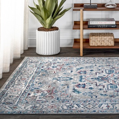 Modern Persian Medallion Light Grey/Blue Synthetic Area Rug