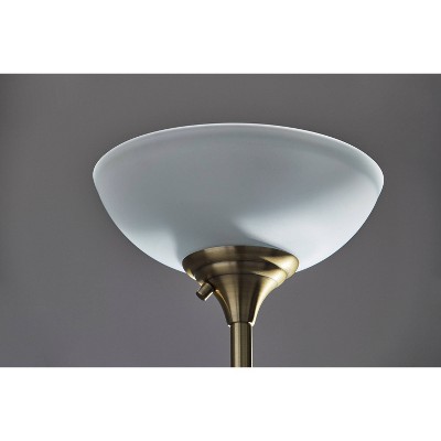 71" Black and Antique Brass Torchiere Floor Lamp with Frosted Glass Shade