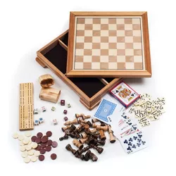 Toy Time 7-in-1 Deluxe Wood Board Game Set - Chess, Checkers, Backgammon, Dominoes, Cribbage, Poker Dice, and Standard 52-Card Deck