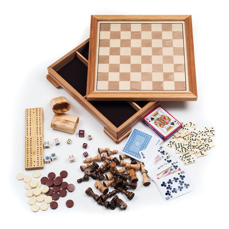Toy Time 7-in-1 Deluxe Wood Board Game Set - Chess, Checkers, Backgammon, Dominoes, Cribbage, Poker Dice, and Standard 52-Card Deck, 1 of 13