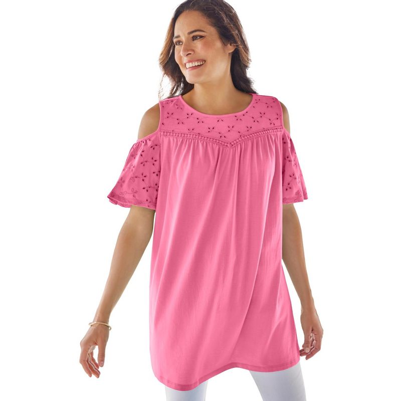 Woman Within Women's Plus Size Eyelet Cold-Shoulder Tunic, 1 of 2