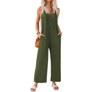 Ekouaer Sleeveless Womens Jumpsuits Ribbed Adjustable Spaghetti Strap Loose Long Pants Romper Jumpsuit - 1 of 4