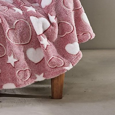 Glow-in-the-Dark Pink Hearts and Stars Knitted Throw Blanket