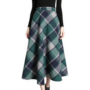 Women's Wool Plaid A-Line Skirt - Winter Warm Elastic Waist Pleated Long Skirt Plaid Green - 1 of 4