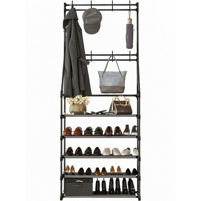DOMETOUR 5-Tier Shoe Rack Shoe Storage for Entryway,Narrow Shoe Rack,Coat and Shoe Rack with 8 Hooks