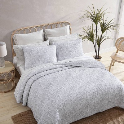 Reversible Gray Cotton Twin Quilt Set with Fern Design