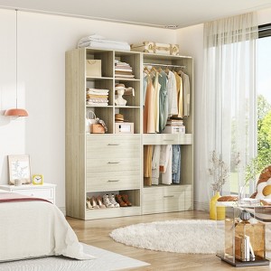 Besiost Set of 2 Freestanding Closet System with 4 Drawers, Walk-In Wardrobe Organizer with Hanging Rod, Beige Oak - 1 of 4