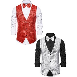 Lars Amadeus Men's Party Prom Shiny Sequins Dress Suit Vest with Bow Tie 2 Packs - 1 of 4