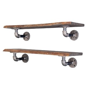 Pipe Decor 24” Boulder Black Live Edge Wood Shelf with L-Shaped Pipe Brackets (2-Pack) - 1 of 4